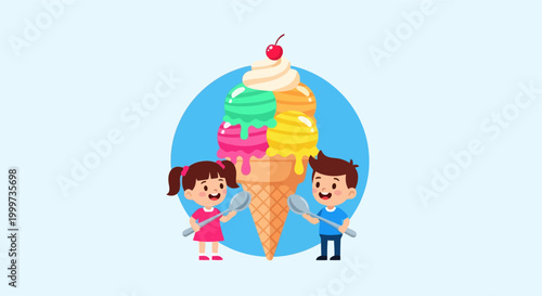 Colorful illustration of children with ice cream.
