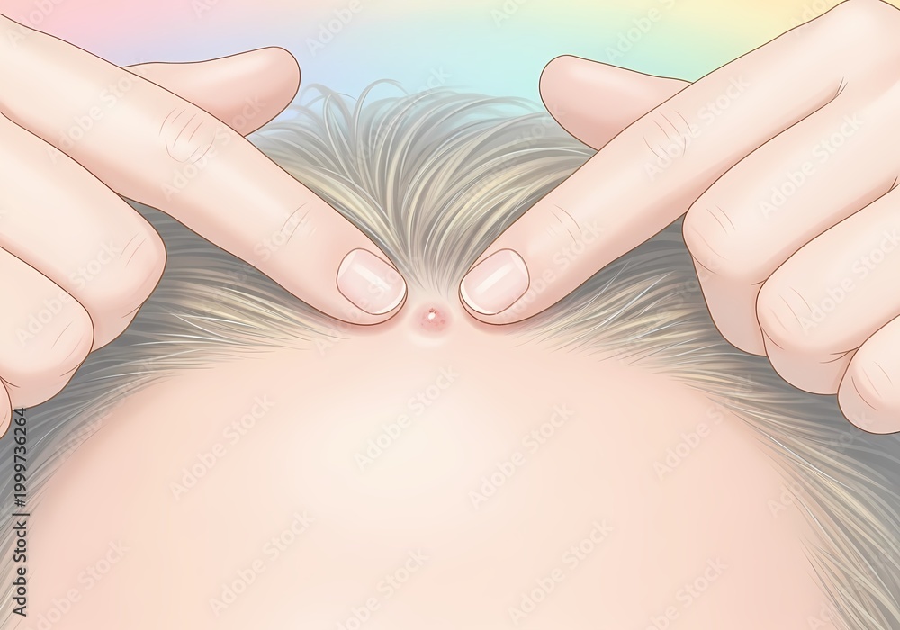 Naklejka premium Close up illustration of hands pointing at red pimple on scalp, concept of skin inflammation, folliculitis and hair care issues.