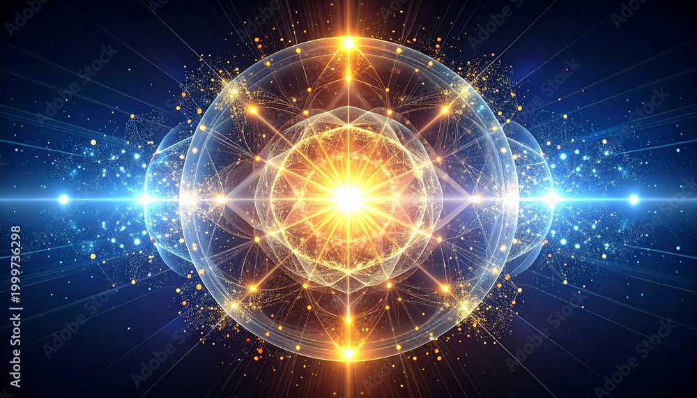 Obraz premium Sacred geometric energy sphere with golden light and cosmic technology concept