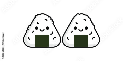Two cute onigiri sushi characters cartoon illustration. adorable japan rice balls with nori seaweed in triangle shape isolated on white background. happy asian food mascots.