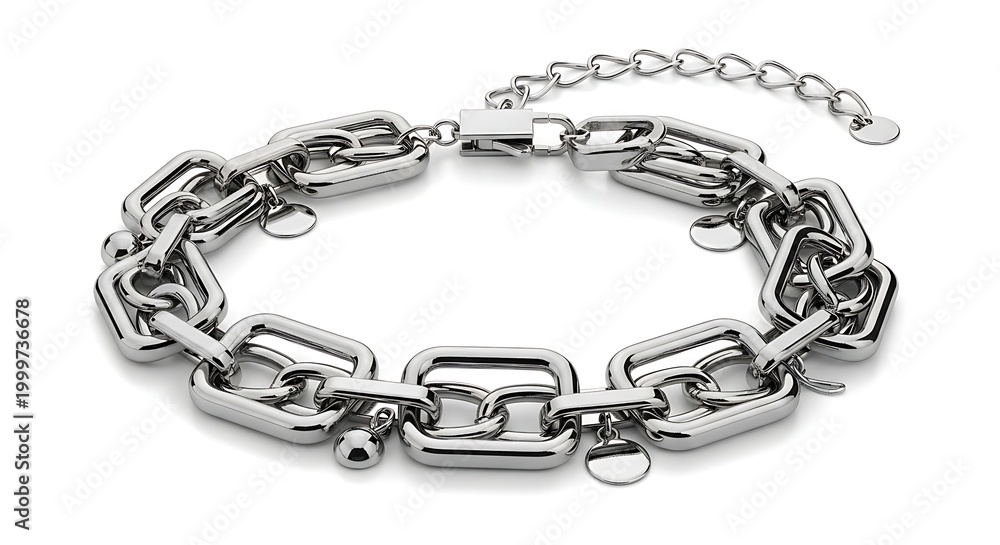Fototapeta premium A silver isolated belt with a chain is displayed on a white background.