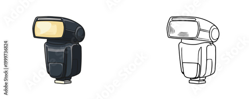 Modern speedlight flash in flat color and black line styles dark grey and red colors lighting equipment for professional photography on white background