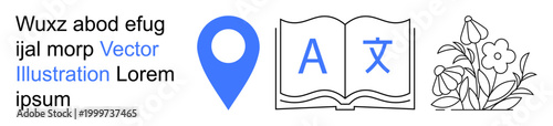 Technology, language learning, education, nature, communication, navigation. Blue geolocation pin, open book with multilingual symbols floral design. Geolocation and language translation visuals