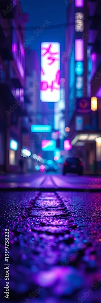 Fototapeta premium Glossy asphalt gleams under electric violet and cyan haze, bokeh blurring urban veins, glow, moody