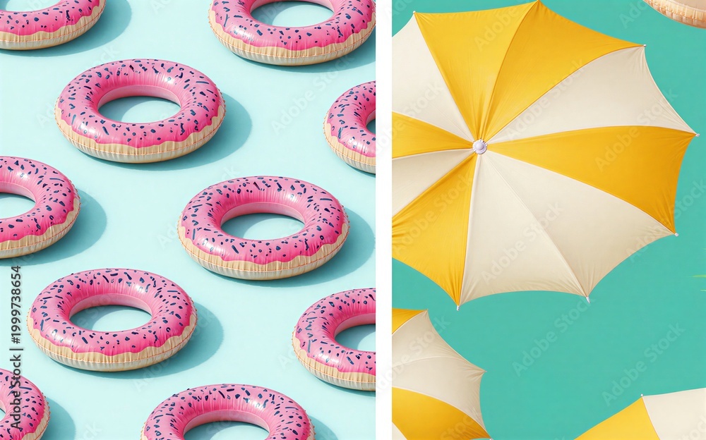 Fototapeta premium Pink inflatable donuts and yellow-white umbrellas on vibrant teal