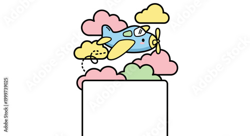 Colorful cartoon airplane flying high.
