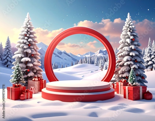Winter wonderland podium scene with Christmas gifts