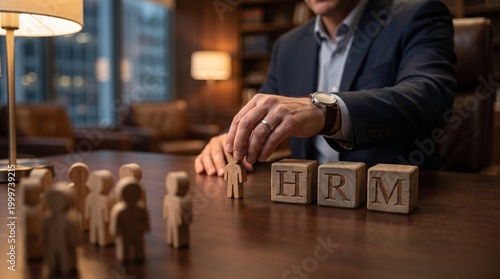 HRM human resource management concept, businessman arranging wooden figures, corporate leadership and recruitment