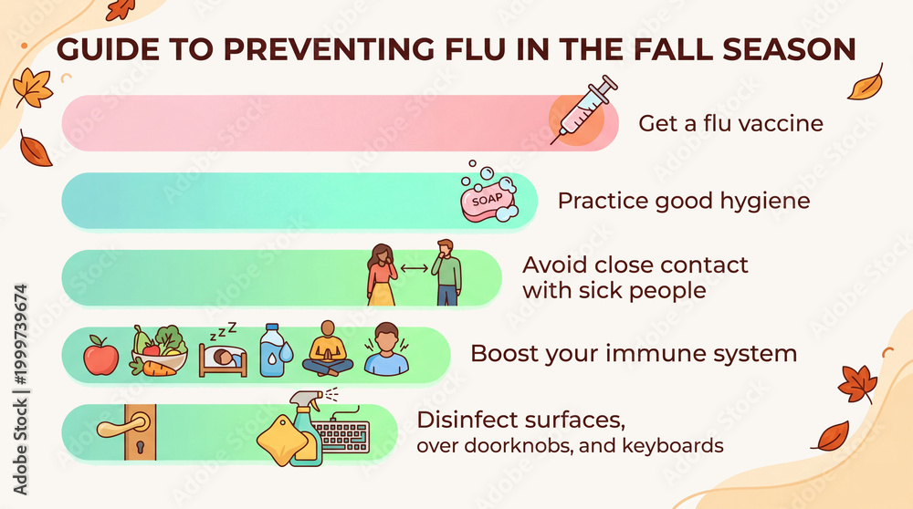 Obraz premium Autumn flu prevention guide infographic template with five health protection steps and medical icons