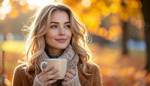Woman with a gentle smile holding coffee cup in autumn