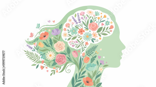 A conceptual vector illustration of a woman's profile silhouette with a brain and hair made of blooming colorful flowers, symbolizing mental health awareness, growth, and mindfulness.