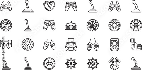 Collection of black and white line for gaming and technology game controller joystick gamepad