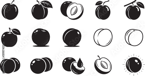 Collection of black and white plum and peach fruit and silhouette