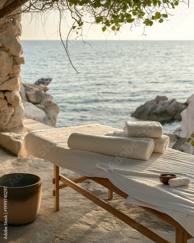 Outdoor Spa Massage Table With Folded White Towels By Rocky Shore And Calm Ocean In Warm Sunlight