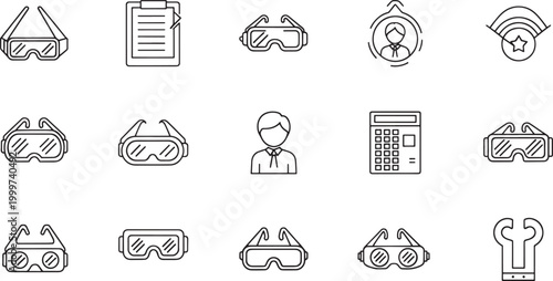 Collection of black line including V R goggles calculator clipboard and medal virtual reality glasses