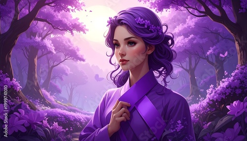 Woman amidst a dreamy violet forest, adorned with floral crown and robe, gazing into the distance, tranquil