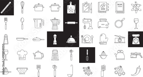 Collection of kitchen utensil in black and white line style cooking food preparation