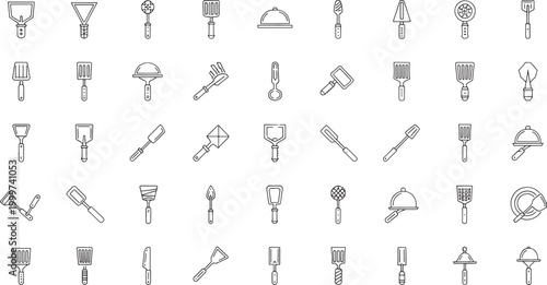 Collection of kitchen utensil outline including spatulas and serving domes cooking food