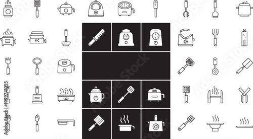 Collection of kitchen utensils and appliances line cooking
