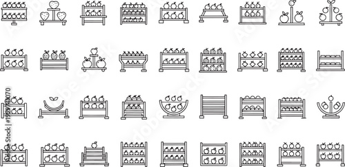Collection of Line Depicting Fruit and Stands simple food agriculture shopping