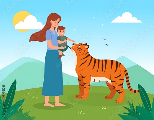 Woman and child interact with a tiger in a vibrant, stylized, natural landscape under a sunny, blue sky