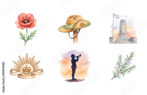 Watercolor Anzac Day Remembrance Icon Set