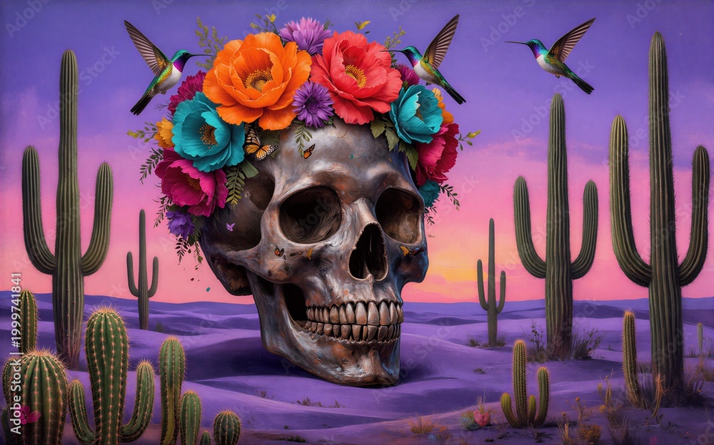 Fototapeta premium Colorful skull adorned with flowers and hummingbirds in desert cactus