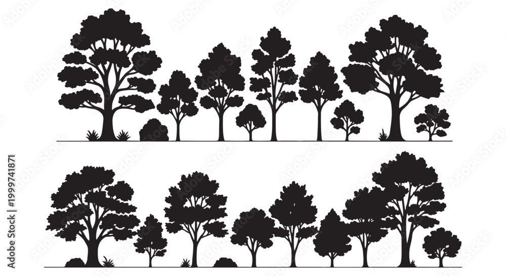 Fototapeta premium Tree Silhouette Set and Forest Line Collection - Deciduous and Evergreen Tree Shapes for Landscape Design