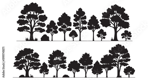Tree Silhouette Set and Forest Line Collection - Deciduous and Evergreen Tree Shapes for Landscape Design