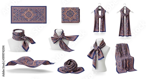 A scarf is isolated on a white background with various styles and folds displayed.