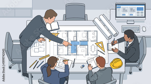 Architect Team Collaborating Over Blueprint Plans in Office Meeting for Building Design and Planning