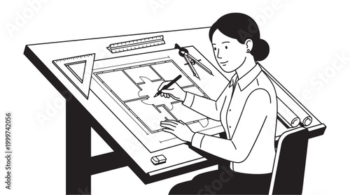 Female Architect Drafting Technical Blueprints At Drawing Board With Compass And Triangle Tools