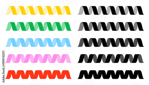 Curled ribbon set with spiral streamers and twisted strips. Decorative serpentine shapes in colorful and black variations. Vector illustration isolated.