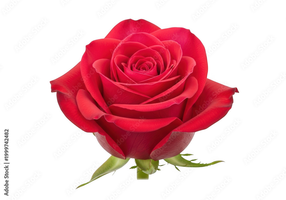 Fototapeta premium A vibrant red rose with delicate green leaves and stem standing elegantly upright isolated on transparent background