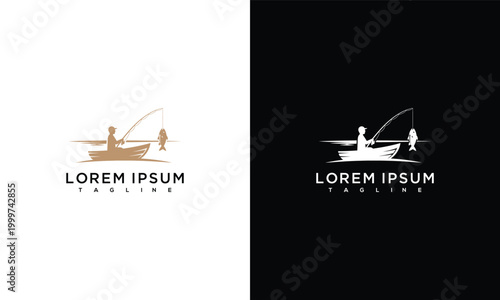 Fisherman With Caught Fish In Boat Logo