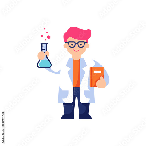A cheerful young male scientist wearing glasses and a lab coat holding a flask and a book.