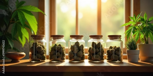 Sunlit jars filled with cured botanical material sit on a wooden surface beside lush green plants, representing careful cultivation and preservation