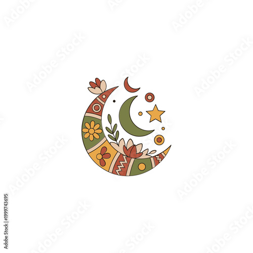 Boho Floral Crescent Moon Illustration with Stars and Leaves.