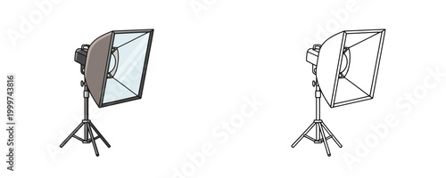 Photography softbox in flat color and black line styles grey and blue colors professional lighting equipment for soft studio light on white background