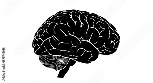 Stylized Black Brain Silhouette with White Outline, Symbol of Mind and Thought