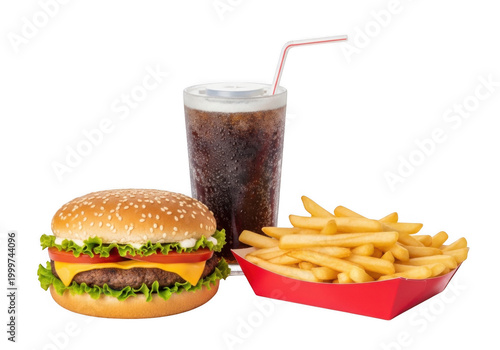 Classic fast food meal featuring a burger, fries, and soda with a straw isolated on transparent background