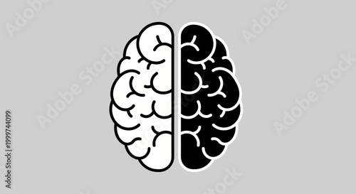 Split Brain Icon: Black and White Hemispheres Symbolizing Duality, Logic, and Creativity