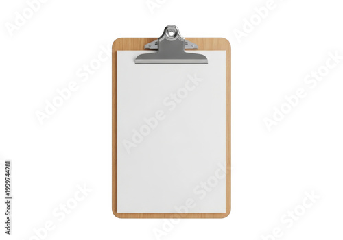 A blank clipboard with a metal binding clip attached at the top edge isolated on transparent background