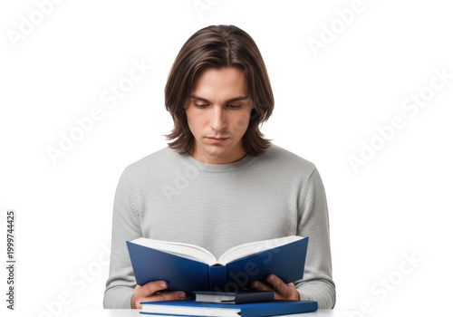A person wearing glasses and a sweater while holding a blue book. isolated on transparent background