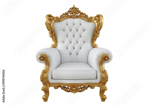 Elegant gold-framed velvet armchair with intricate carvings and luxurious detailing isolated on transparent background