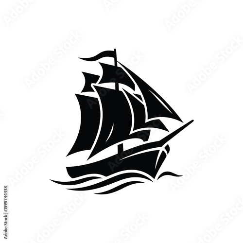 Classic tall ship sailing on ocean waves with full sails, black silhouette captures elegance and adventure of historic maritime travel and exploration, vintage designs, and ocean-inspired projects.