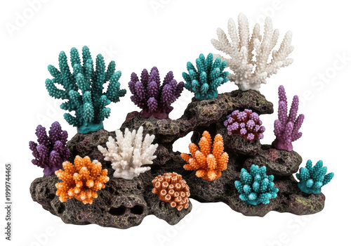 Vibrant coral reef with diverse marine life and underwater plants isolated on transparent background