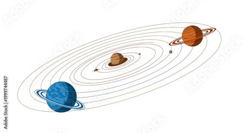 Minimalist vector illustration depicting the solar system with planets in celestial orbits, showcasing cosmic harmony and space exploration concepts