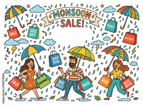 Happy shoppers with umbrellas and shopping bags during monsoon sale