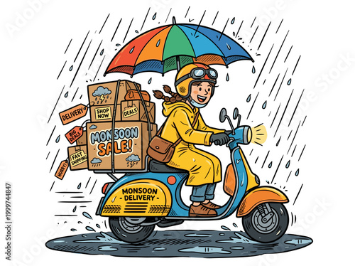 Delivery person with scooter and packages during monsoon rain
